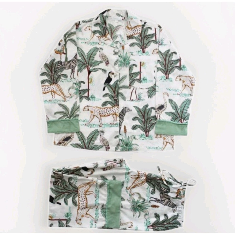 Cottagecore Safari Animal Print Cotton Pajama Set Powell Craft M/L  Leopard